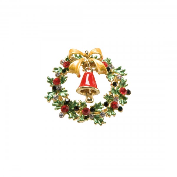 Goebel Brosche Kranz mit Glocke - Weihnachtskranz Brosche mit Kristallen